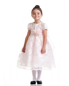 Stunning Ivory Lace/Pink Satin Christening Flower Girl Dress w/ Flower USA