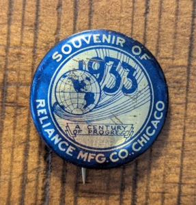 Chicago World's Fair Reliance Mfg. 1933 Botón Pinback Co. Century of Progress - Imagen 1 de 6