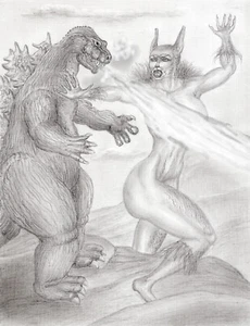 art work original pincil drawing 11 x 7  Godzilla VS The Dog man. - Bild 1 von 5
