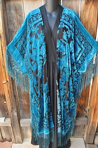 ART TO WEAR TÜRKIS AUF SCHWARZ LANGE SEIDE SAMT AUSBRENNER KIMONO JACKE 76"B,OS+, NEU OHNE ETIKETT - Bild 1 von 5