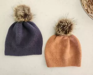 Target Knit Beanie LOT Womens rose peach gray Acrylic winter fur Pom Hats! EUC! - Picture 1 of 6