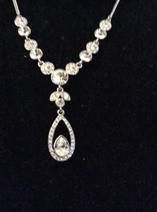 $78 GIVENCHY Silver tone glass pave Frontal Crystal Necklace tear drop   #153 GN - Picture 1 of 6