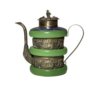 Antica teiera vintage cinese tibetano-argento giada cloisonné smalto scimmia drago - Foto 1 di 17