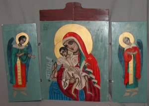 Tríptico icono pintado a mano madera témpera Niño Jesús La Virgen María - Imagen 1 de 12