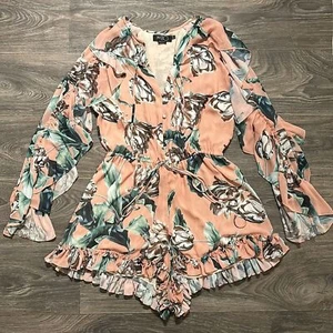 PatBO Size 10 Botanica Ruffled Romper Pink Floral Resort Boho Chic Tropical Bell - Picture 1 of 16
