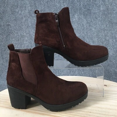 Forever Botas Mujer 8.5 Chelsea Marrón Imitación Gamuza Cremallera Lateral Tobillo Top Tacones Bloque Foto 1 de 4