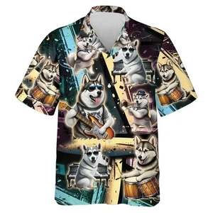 Mens Button Down Shirts Funny Dogs Music Printed Hawaiian Tops Novelty Ugly Gift - Picture 1 of 37