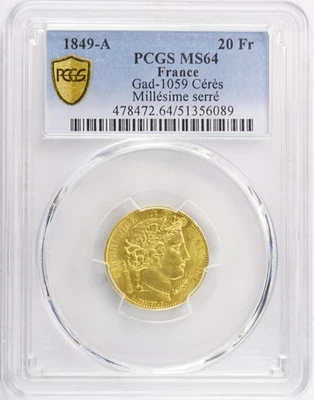 1849-A 🌟TOP POP🌟France 20 Francs PCGS MS64 Gad-1059 Ceres - Image 1 of 2
