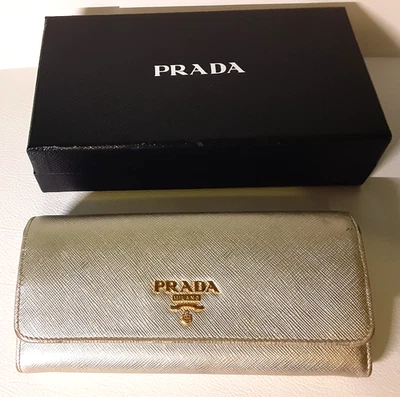PRADA Saffiano Oro Leather Long Wallet Purse Silver Authentic 1M0208 - Image 1 of 4