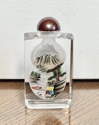 Chinese Reverse Painted Snuff Perfume Bottle W/Stopper Mountain Village Scene - Image 1 of 4