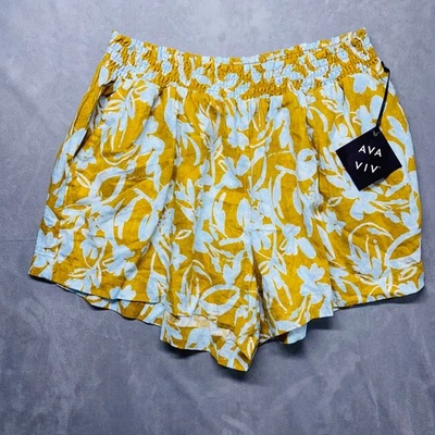 Pantalones Cortos Para Mujer AVA & VIV 3x Floral Mezcla de Lino Cintura Elástica Dorado Azul Foto 1 de 4
