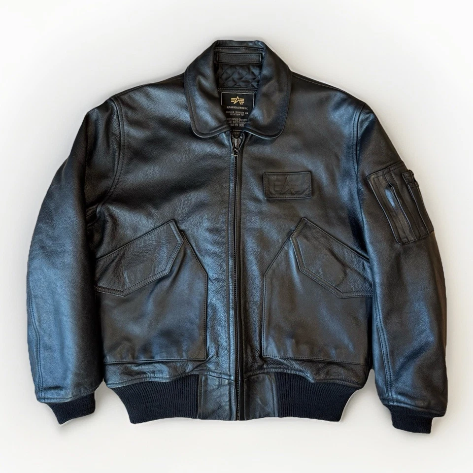Chaqueta de vuelo de cuero Alpha Industries CWU45 mediana negra cremallera completa militar Foto 1 de 4