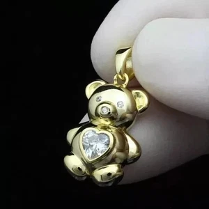 1.00Ct Heart Cut Lab Created Diamond Teddy Bear Pendant 14K Yellow Gold Plated - Picture 1 of 4