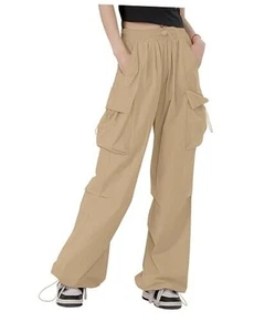 Girls Cargo Pants Casual Jogger Loose Fit Streetwear Parachute Medium Khaki - Picture 1 of 7