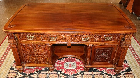 Gorgeous 19th Century English Victorian Carved Oak Partners Desk Cover