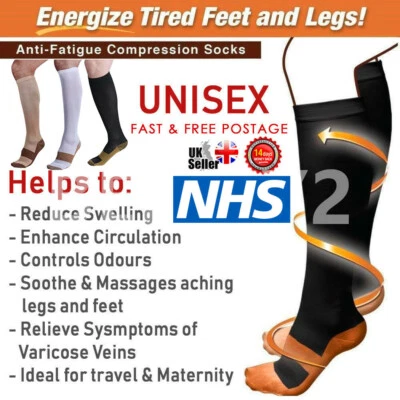 Unisex Copper Infused Anti-Fatigue Compression Socks Varicose Vein Stocking Pair - Image 1 of 4