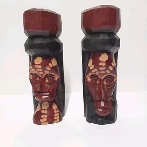 Two Wood Hand Carved Tiki Totem Statues Jamaica Solid Wood Tiki Bar Decor - Picture 1 of 11
