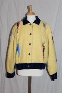 Vintage 1980s Blanket Coat Jacket Cobalt Blue Velvet Trim Birds Concho Buttons L - Picture 1 of 8