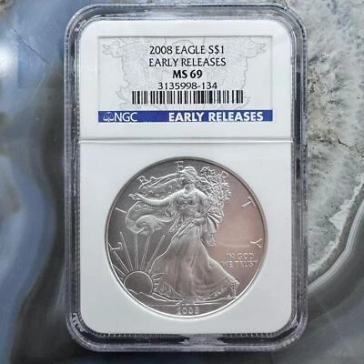 2008 US 1.0oz Early Release American Silver Eagle NGC MS69 #3135998-134EG - Image 1 of 4
