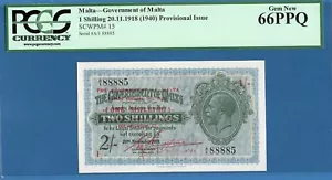 Malta, 1 scellino su 2 scellini, 1918 (1940), PCGS-GEM NUOVO 66PPQ, P15 - Foto 1 di 2