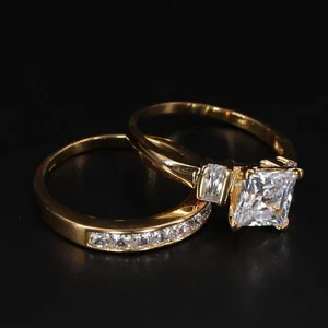 Sterling Silver - Set of 2 White CZ Engagement & Wedding Band Ring Size 9 - 6g - Picture 1 of 5