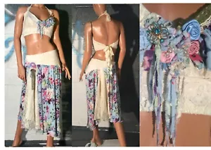 OOAK Neckholder-Top/Rock recycelt elfenbein Spitze Blumen Boho Shabby Gyspy Festival 2-teilig - Bild 1 von 11