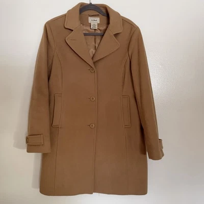 LL Bean 女式 Polo 大衣经典羊羔毛 3/4 长度骆驼老钱暖 10 — 第 1/4 张图片