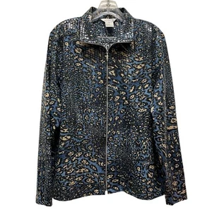 Exclusively Misook Full Zip Jacket Animal Print Shiny Square Paillette XL Navy - Picture 1 of 7