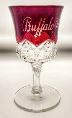 ANTIQUE Ruby Stain Flash Pressed Glass Souvenir Goblet - Buffalo Minn. - EAPG  - Image 1 of 4