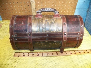 Vintage Wooden Storage Box /Chest w/ Leather Straps & Stamped Metal Cover - Picture 1 of 10
