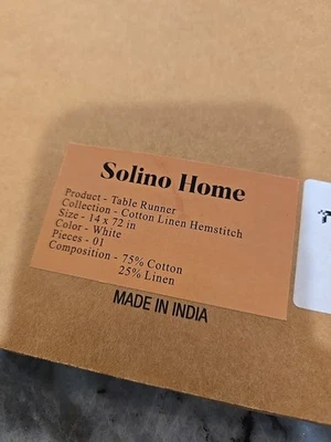 Solino Home Linen +Cotton Blend Table Runner 14 x 72" Hemstitch white New w/box - Image 1 of 4