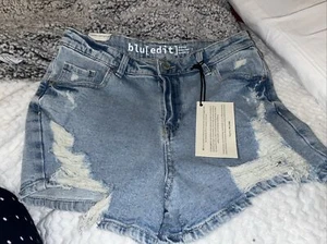 Blu (Edit) Womens Blue Super High Waist Jean Shorty Cut Off Shorts Size 11/30w - Picture 1 of 4