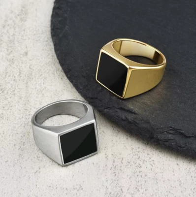 Men's 316L Stainless Steel Black Square Signet Ring (Silver, Gold) - Image 1 of 4