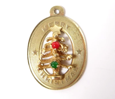 Dije/colgante vintage de árbol de piedras preciosas de oro amarillo de 14 quilates Feliz Navidad 1,9 g, 23 mm Foto 1 de 4