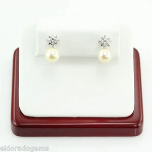 8,0 MM NATÜRLICHE RUNDE PERLE & NATÜRLICHE DIAMANTEN ANSTECKOHRRINGE 18K WEISSGOLD - Bild 1 von 6