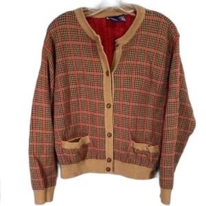 Liz Claiborne Sweater Grandpa Cardigan Womens Sz L Academia Vintage Plaid Brown - Picture 1 of 11