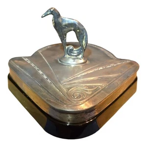 1930's Art Deco Borzoi Dog Black Amethyst Glass Silverplate Trinket Dish Dresser - Picture 1 of 17