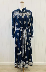 Monsoon Size M Medium 12 Border Print Blue Long Sleeve Belted Midi Dress - Picture 1 of 16