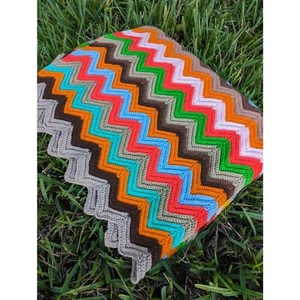 70's Vintage Handmade Chevron Afghan Blanket throw orange yellow blue green 1970 - Picture 1 of 5