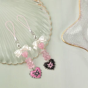Sweet Cute Bear Bow Heart Beaded Keychain Mobile Phone Lanyard Pendant Charms - Picture 1 of 14