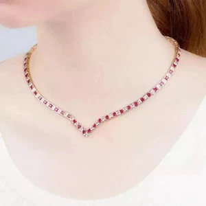 Wedding Tennis Necklace 14K White Gold Plated 18" Princess Lab Created Red Ruby - Picture 1 of 3