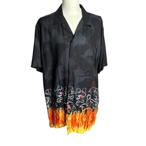 Vintage 90s Button Up Short Sleeve Club Shirt 2XLT Black Flames Dragon Pocket - Bild 1 von 7