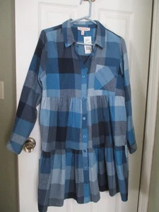 Flannel Dress Medium Blue Plaid Button up LONG Sleeve 100% cotton NWT $60 - Picture 1 of 3