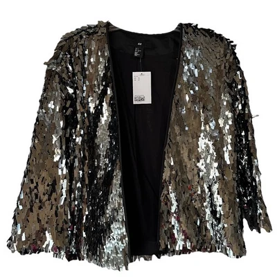 Новый H & M темно серый Серебряный блестки блестящий блейзер куртка маленький - Изображение 1 из 4