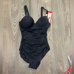 NWT Spanx Riveting Ruched One-Piece Shaping Swimsuit Sleeveless Black Sz 10D/DD - Picture 1 of 7