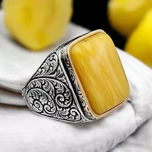 HERRENRING 925 STERLING SILBER, GELBER BERNSTEIN STEIN STIFTGEARBEITET HERREN SILBERRING - Bild 1 von 6