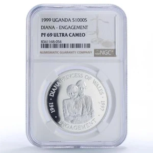 Uganda 1000 shillings Princess Diana Charles Engagement PF69 NGC Ag coin 1999 - Picture 1 of 4