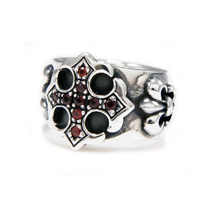 ANEL DE MOTOCICLISTA GÓTICO PRATA ESTERLINA 925 GRANADA VERMELHA CZ CRUZ FLOR DE LIS ec-r033RD - Imagem 1 de 4