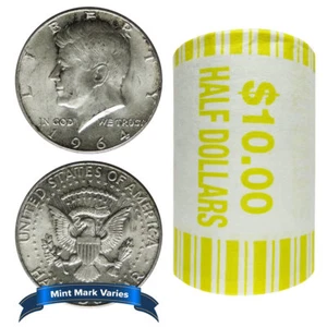 Rollo de 20 - 1964 90% plata Kennedy medio dólar 1964 $10 valor nominal fechas completas - Imagen 1 de 3
