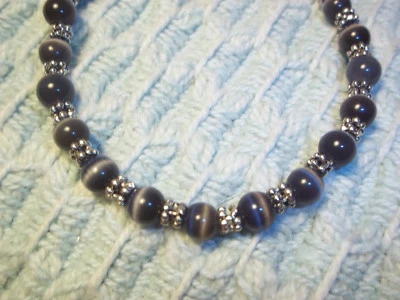 Handmade 8 1/2 in DARK GREY Cat Eye and Tibetan Silver Bead BRACELET G-36 - Image 1 of 3